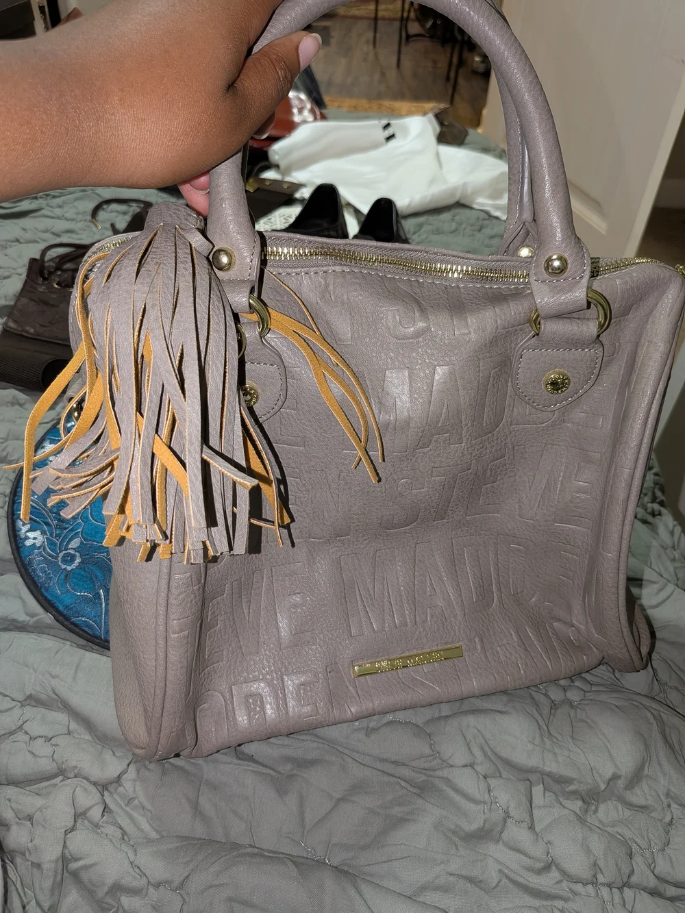 Steve Madden Taupe Embossed Logo Satchel with Tassel